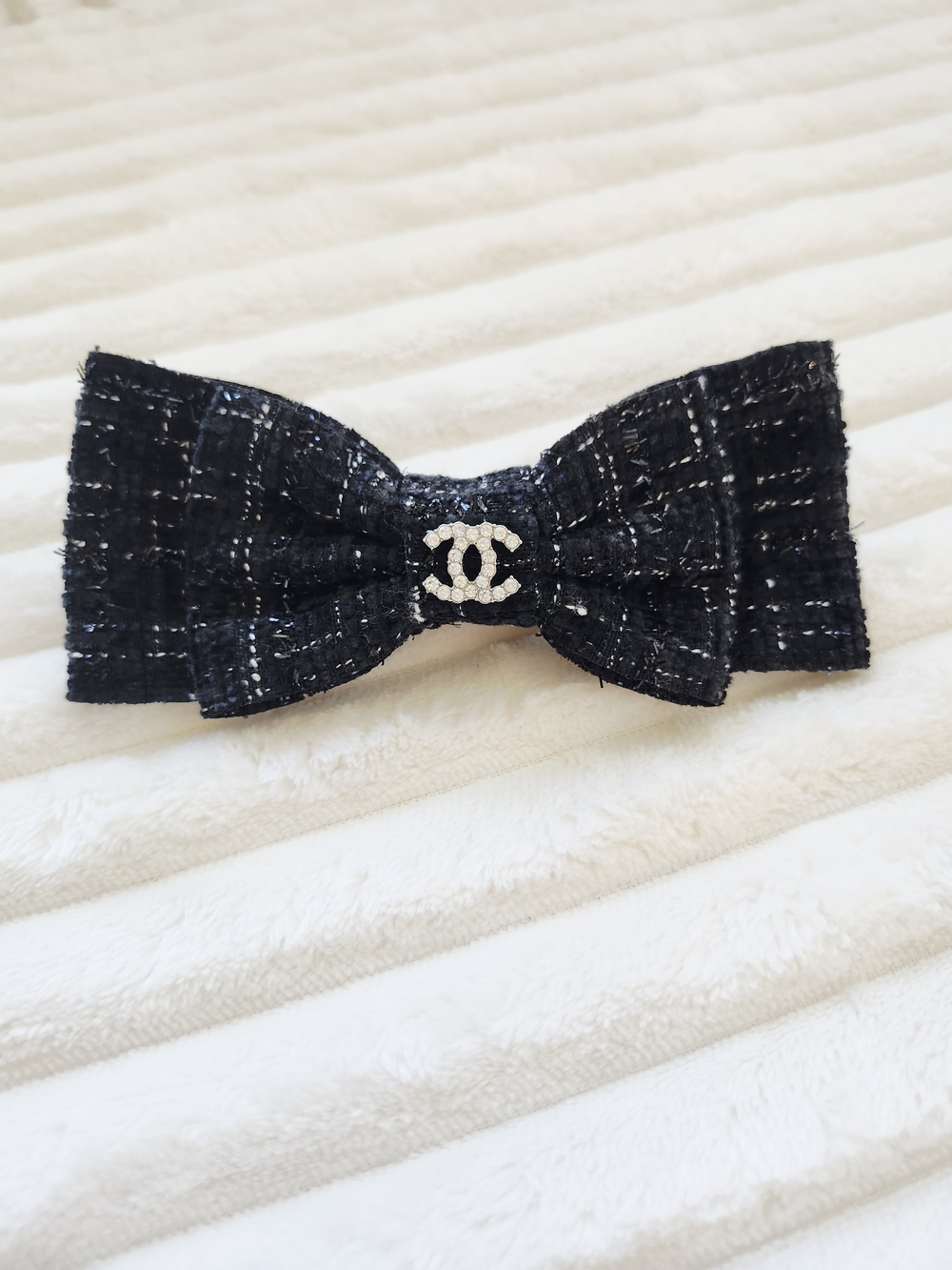 Black Tweed Bow Hair Barrette Crystal Pearl Center Classic Chic Clip
